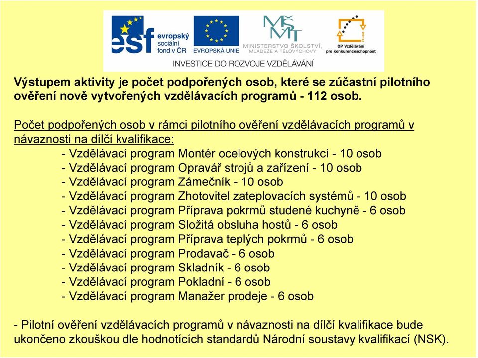 a zařízení - 10 osob -Vzdělávací program Zámečník - 10 osob - Vzdělávací program Zhotovitel zateplovacích systémů - 10 osob -Vzdělávací program Příprava pokrmů studené kuchyně - 6 osob -Vzdělávací