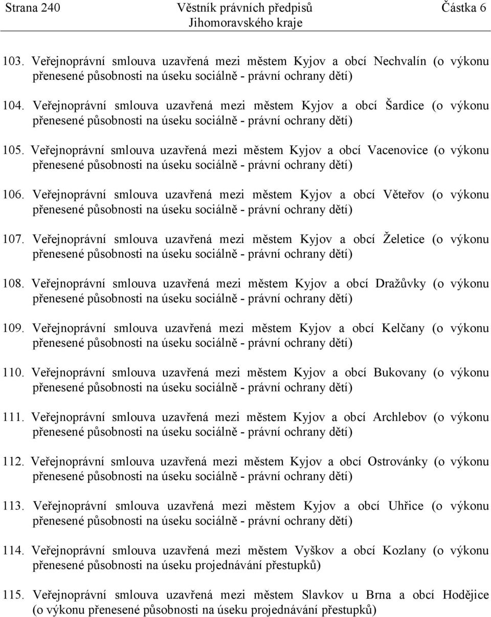 Veřejnoprávní smlouva uzavřená mezi městem Kyjov a obcí Vacenovice (o výkonu přenesené působnosti na úseku sociálně - právní ochrany dětí) 106.