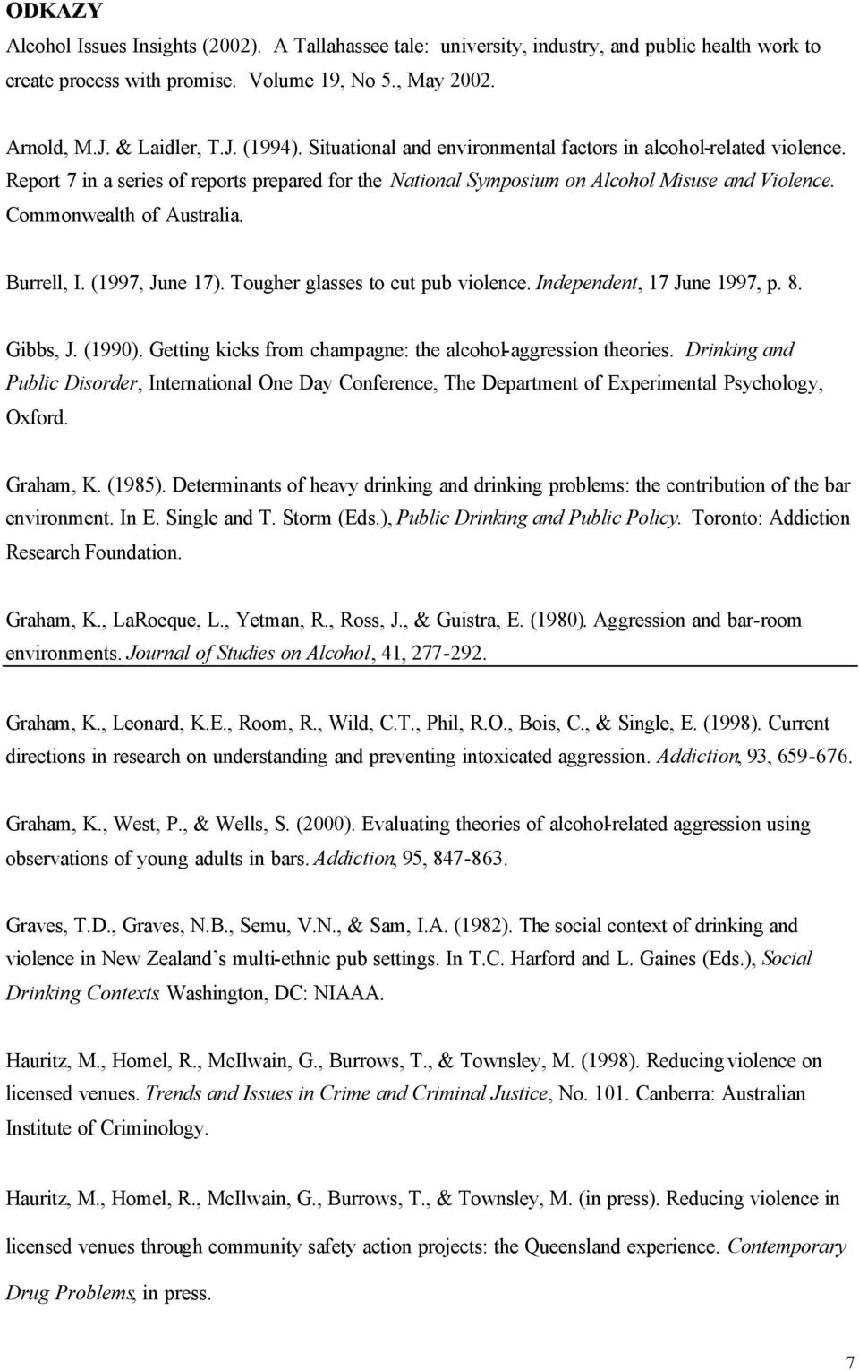 Burrell, I. (1997, June 17). Tougher glasses to cut pub violence. Independent, 17 June 1997, p. 8. Gibbs, J. (1990). Getting kicks from champagne: the alcohol-aggression theories.