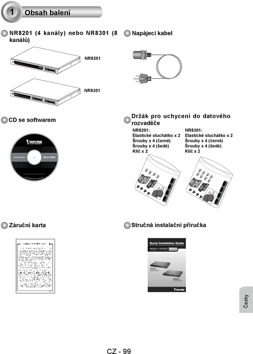 NR8201: Elastické sluchátko x 2 Šrouby x 4 (černé) Šrouby x 4 (šedé) Klíč x 2 NR8301: Elastické