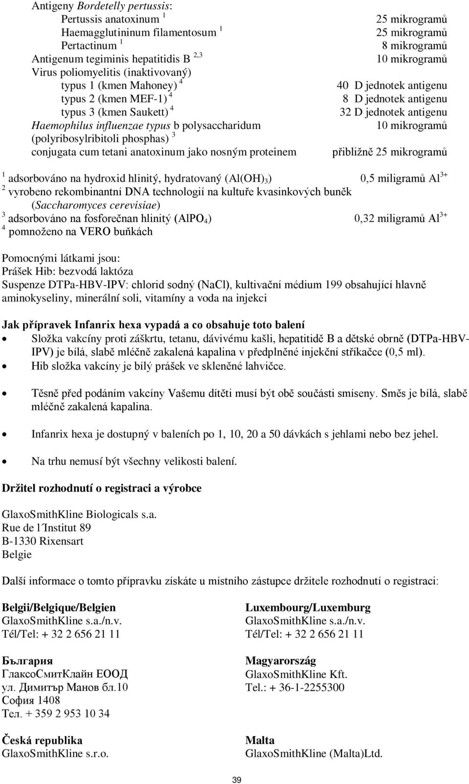 mikrogramů 8 mikrogramů 10 mikrogramů 40 D jednotek antigenu 8 D jednotek antigenu 32 D jednotek antigenu 10 mikrogramů přibližně 25 mikrogramů 1 adsorbováno na hydroxid hlinitý, hydratovaný (Al(OH)