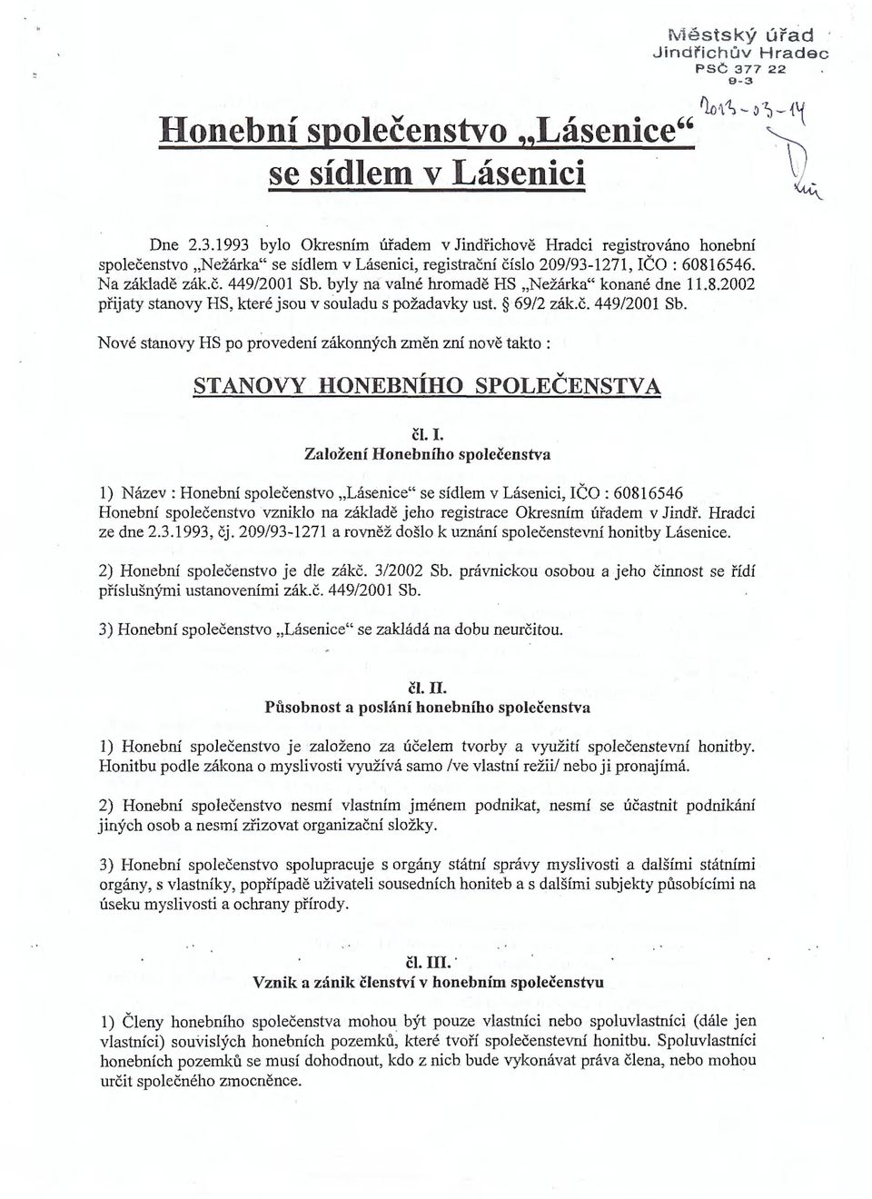 I. Založení Honebního společenstva 1) Název: Honební společenstvo "Lásenice" se sídlem v Lásenici, IČO: 60816546 Honební společenstvo vzniklo na základě jeho registrace Okresním úřadem v Jindř.