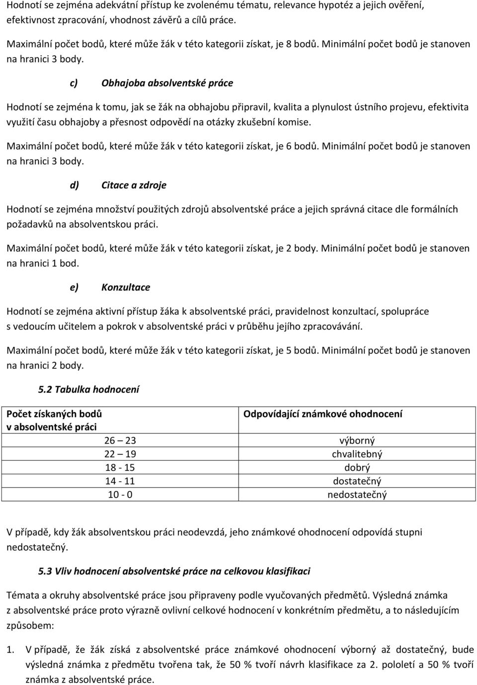 c) Obhajoba absolventské práce Hodnotí se zejména k tomu, jak se žák na obhajobu připravil, kvalita a plynulost ústního projevu, efektivita využití času obhajoby a přesnost odpovědí na otázky