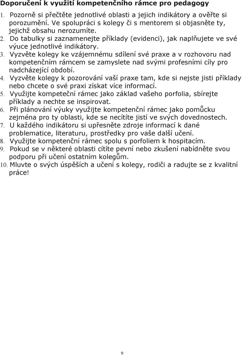 Vyzvěte kolegy ke vzájemnému sdílení své praxe a v rozhovoru nad kompetenčním rámcem se zamyslete nad svými profesními cíly pro nadcházející období. 4.