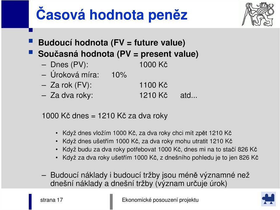 .. 1000 Kč dnes = 1210 Kč za dva roky Když dnes vložím 1000 Kč, za dva roky chci mít zpět 1210 Kč Když dnes ušetřím 1000 Kč, za dva roky mohu