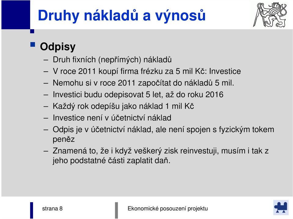 Investici budu odepisovat 5 let, až do roku 2016 Každý rok odepíšu jako náklad 1 mil Kč Investice není v účetnictví