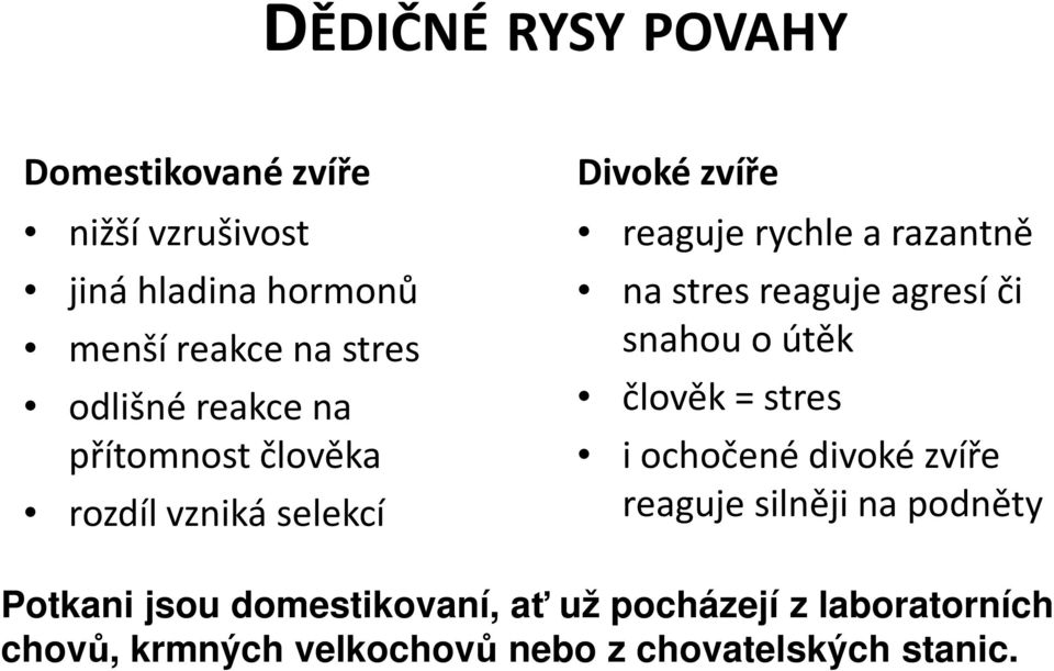 stres reaguje agresí či snahou o útěk člověk = stres i ochočené divoké zvíře reaguje silněji na podněty