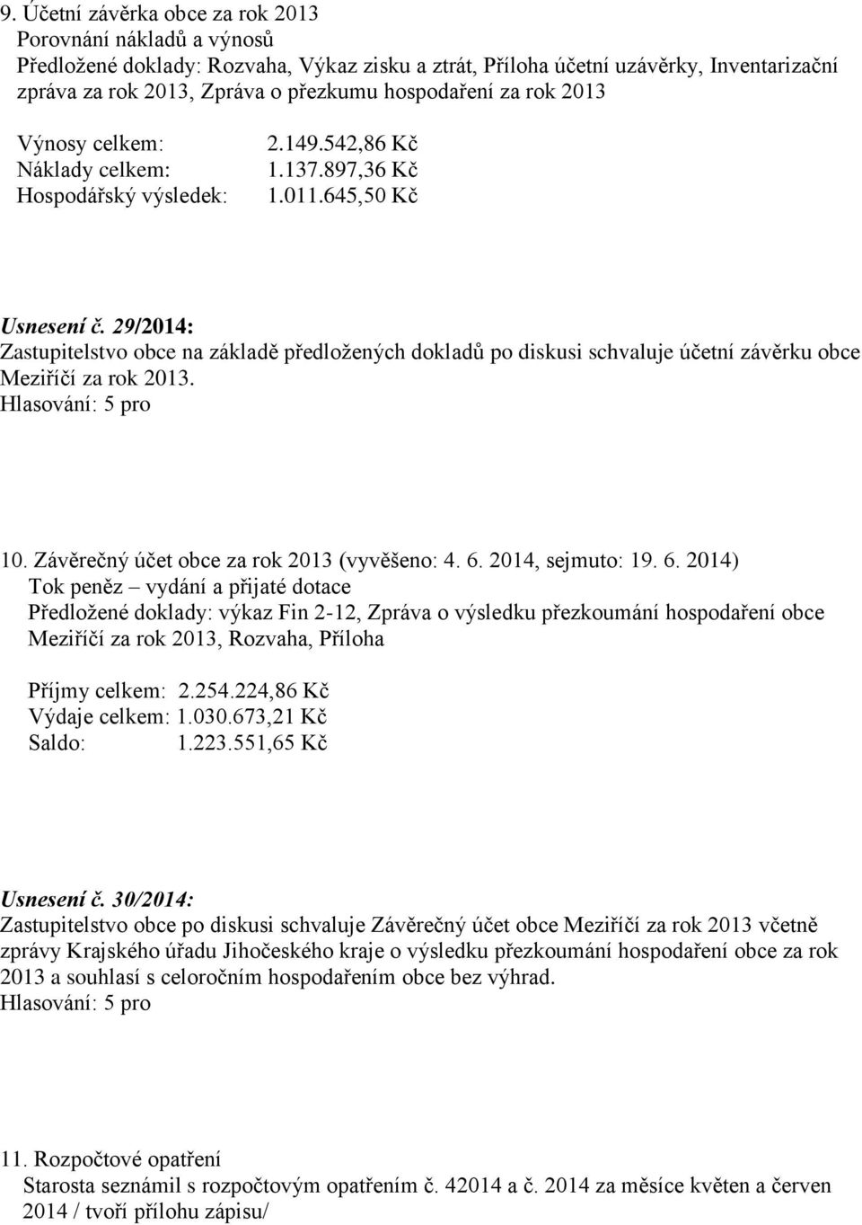 29/2014: Zastupitelstvo obce na základě předložených dokladů po diskusi schvaluje účetní závěrku obce Meziříčí za rok 2013. 10. Závěrečný účet obce za rok 2013 (vyvěšeno: 4. 6.