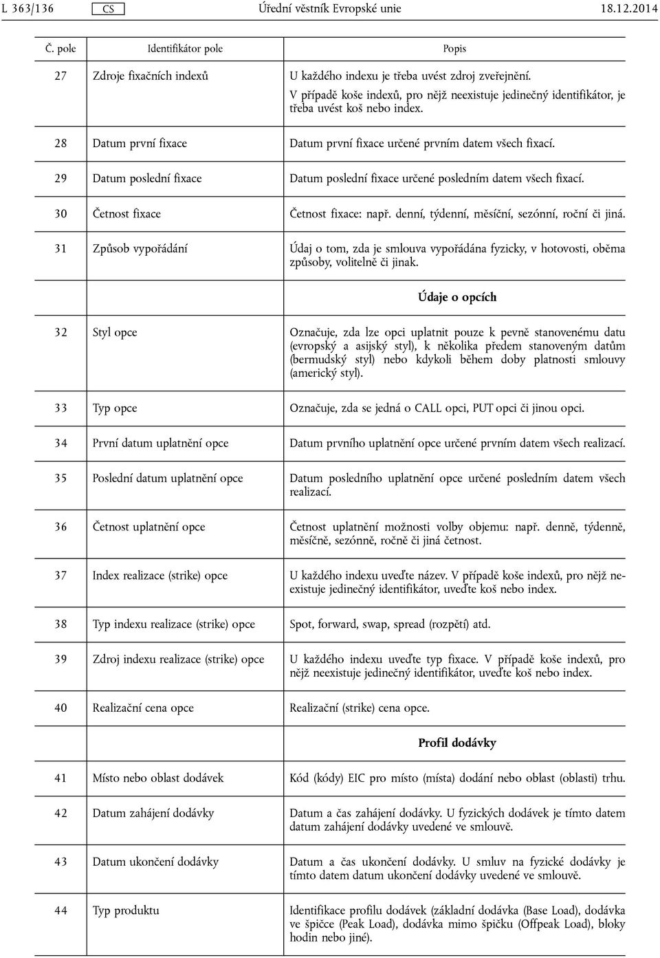 29 Datum poslední fixace Datum poslední fixace určené posledním datem všech fixací. 30 Četnost fixace Četnost fixace: např. denní, týdenní, měsíční, sezónní, roční či jiná.