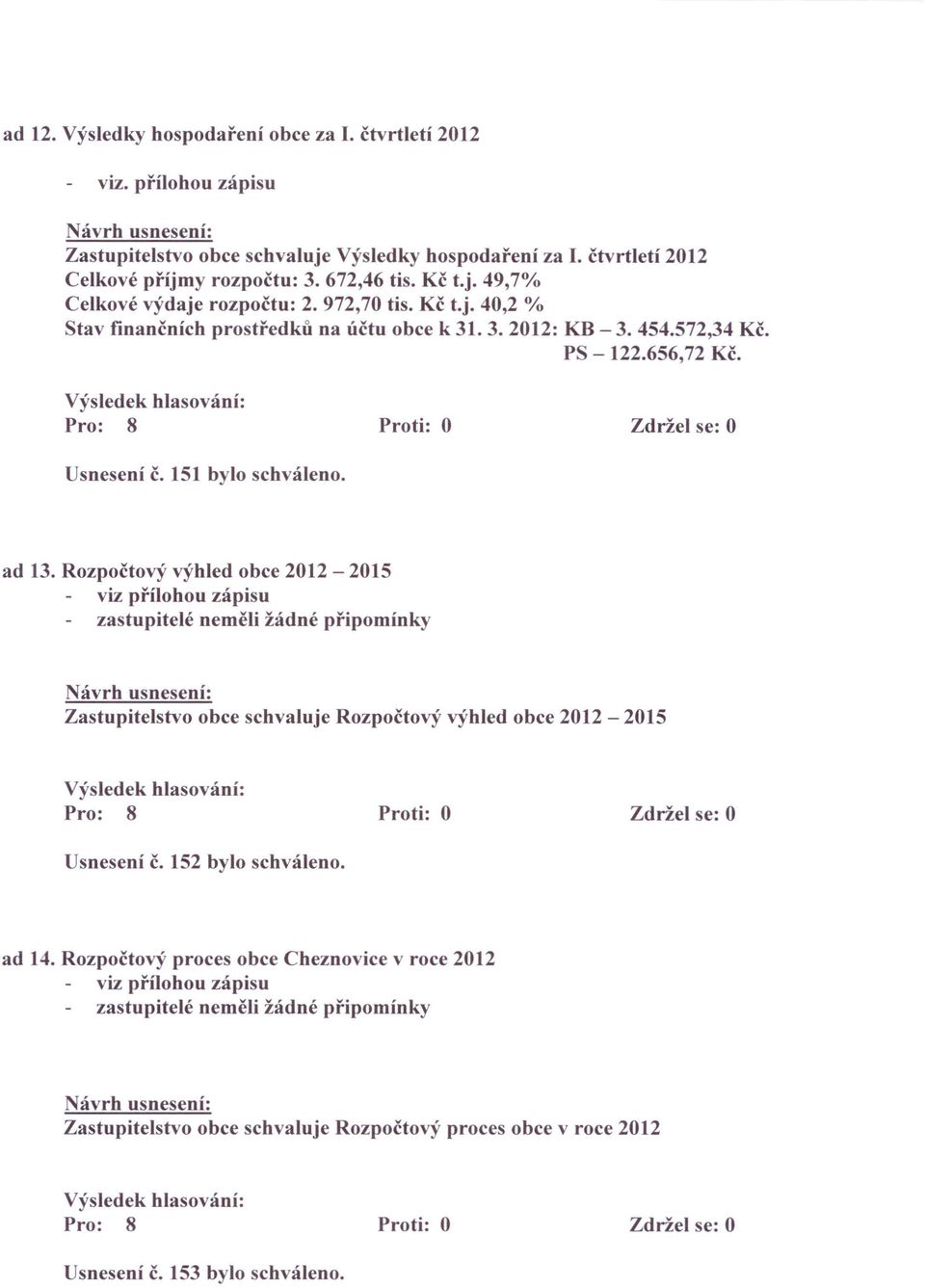 Rozpočtový výhled obce 2012-2015 viz přílohou zápisu zastupitelé neměli žádné připomínky Zastupitelstvo obce schvaluje Rozpočtový výhled obce 2012-2015 Usnesení č. 152 bylo schváleno. ad 14.