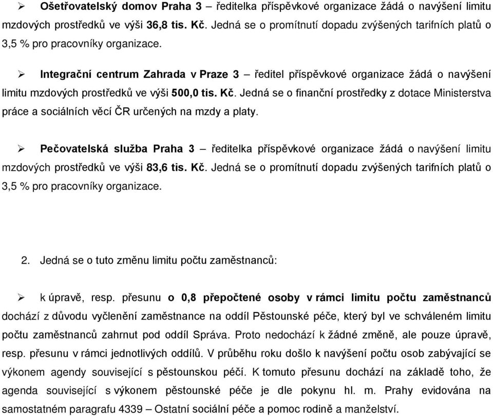 Integrační centrum Zahrada v Praze 3 ředitel příspěvkové organizace žádá o navýšení limitu mzdových prostředků ve výši 500,0 tis. Kč.