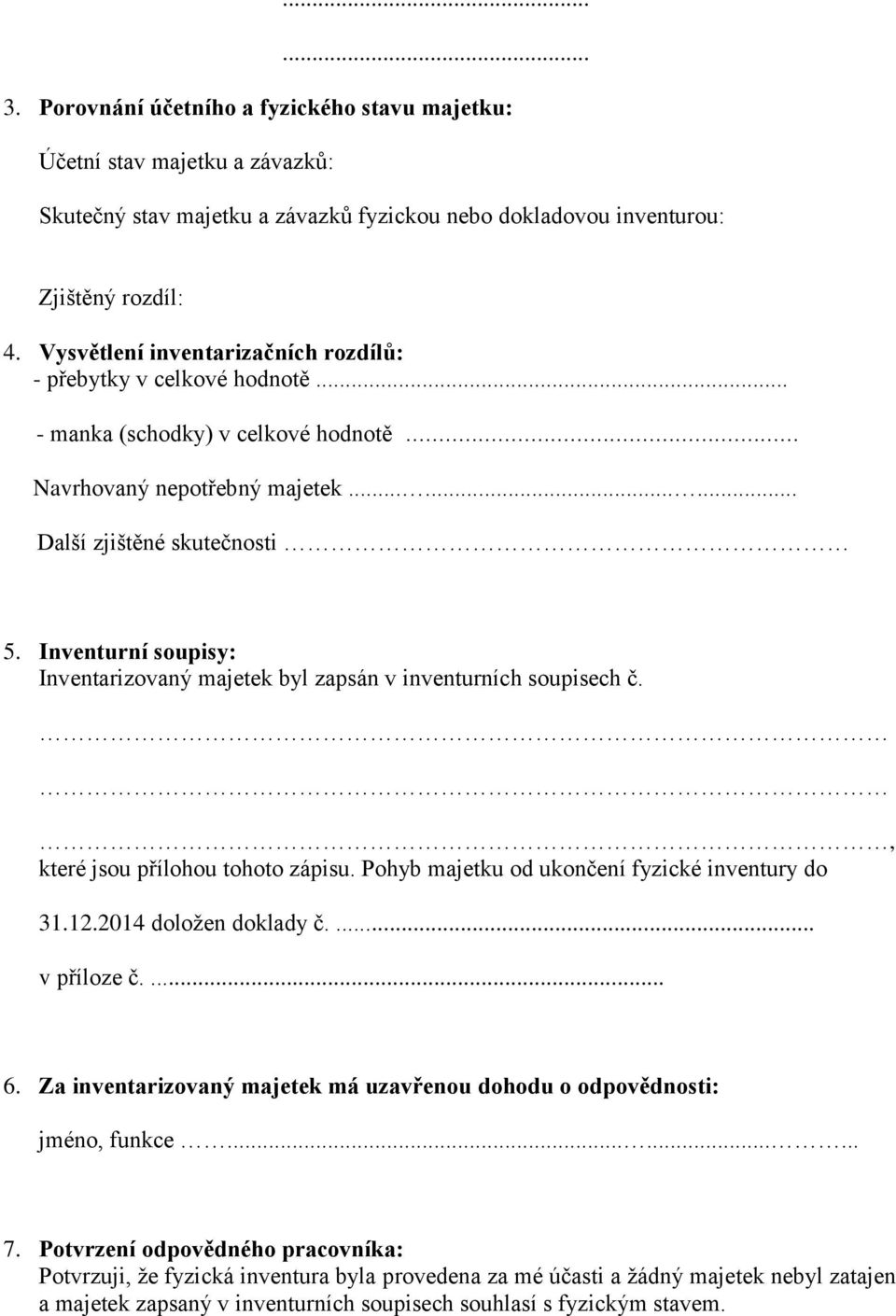 Inventurní soupisy: Inventarizovaný majetek byl zapsán v inventurních soupisech č., které jsou přílohou tohoto zápisu. Pohyb majetku od ukončení fyzické inventury do 31.12.2014 doložen doklady č.