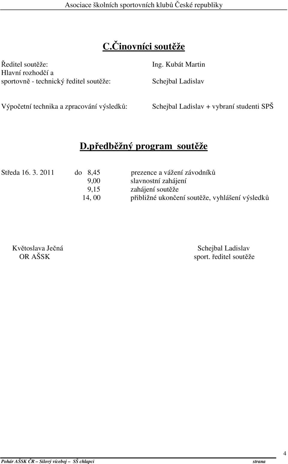 předběžný program soutěže Středa 16. 3.