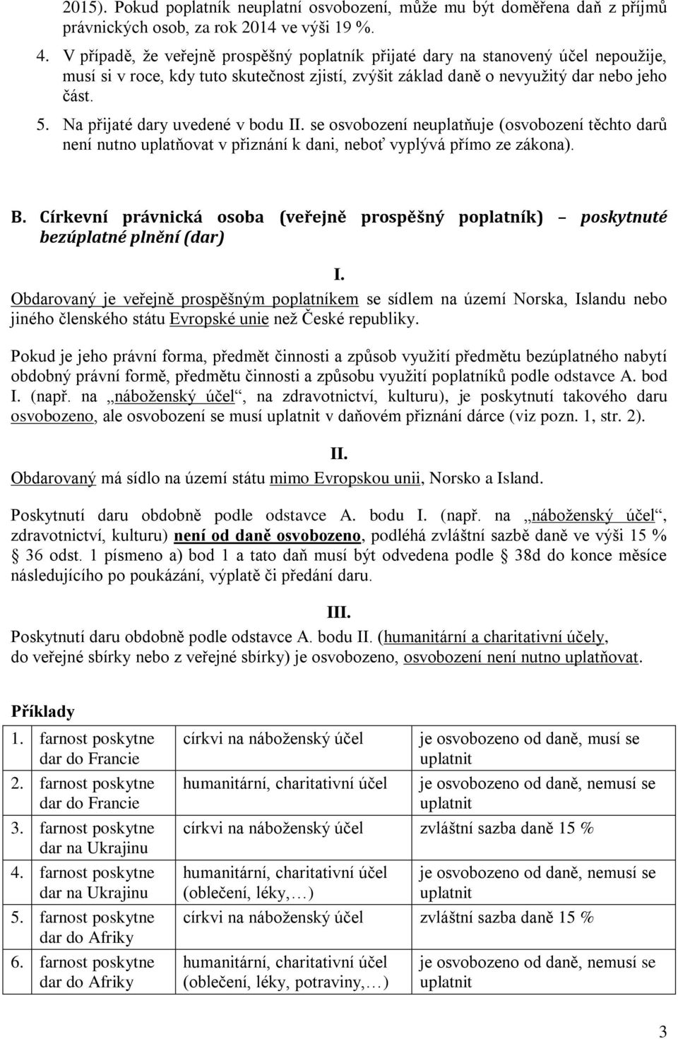 Na přijaté dary uvedené v bodu II. se osvobození neuplatňuje (osvobození těchto darů nutno uplatňovat v přiznání k dani, neboť vyplývá přímo ze zákona). B.