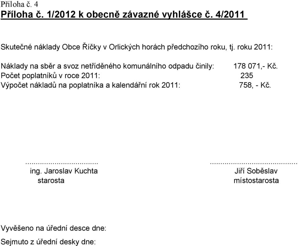 roku 2011: Náklady na sběr a svoz netříděného komunálního odpadu činily: 178 071,- Kč.