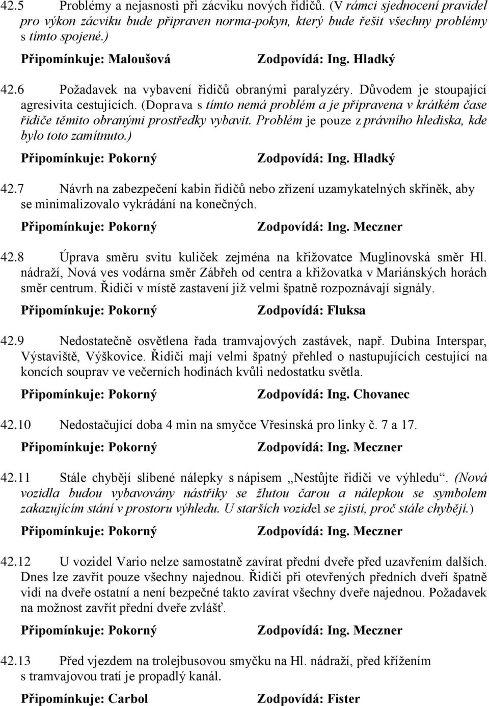 (Doprava s tímto nemá problém a je připravena v krátkém čase řidiče těmito obranými prostředky vybavit. Problém je pouze z právního hlediska, kde bylo toto zamítnuto.) Zodpovídá: Ing. Hladký 42.