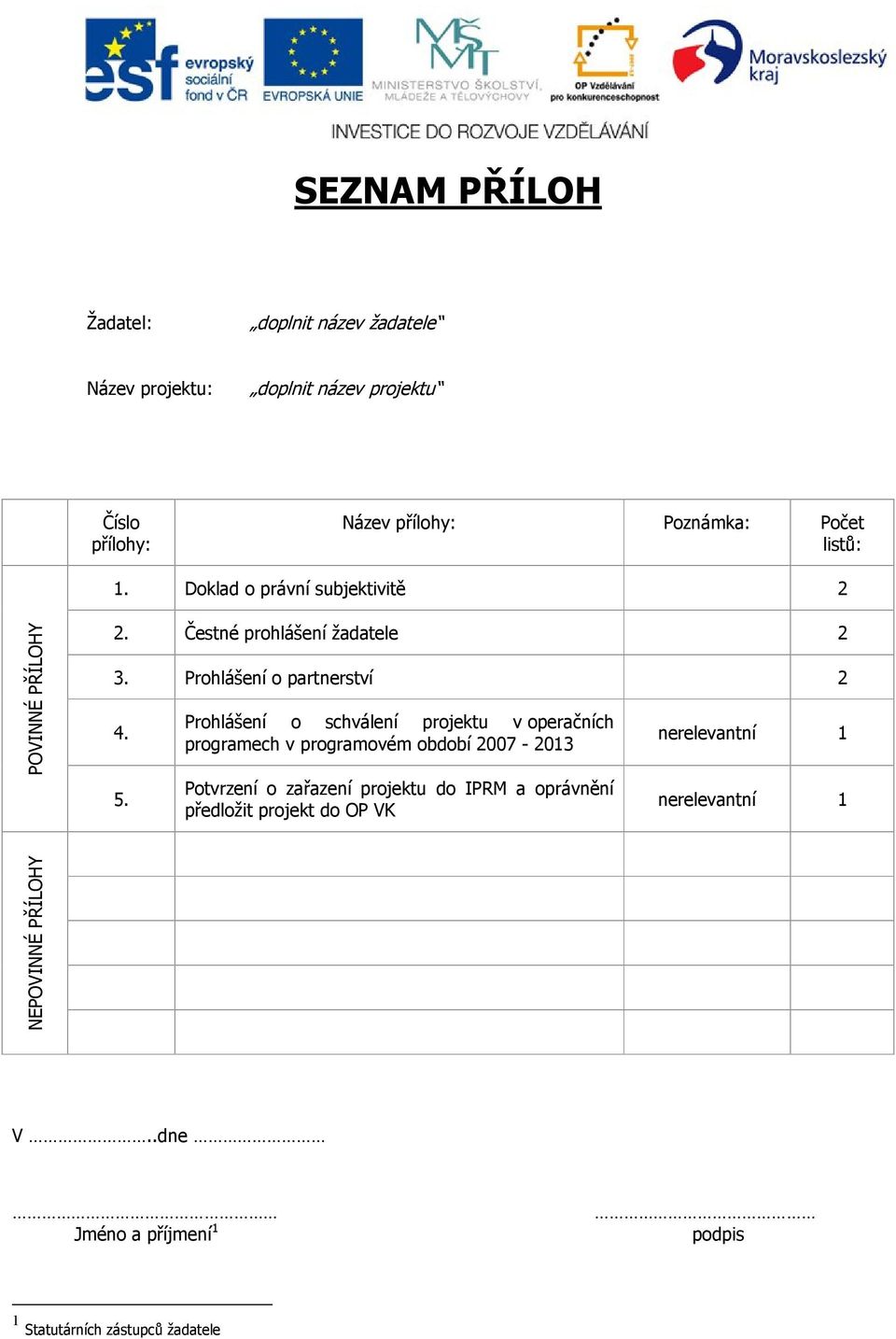 Prohlášení o schválení projektu v operačních programech v programovém období 2007-2013 Potvrzení o zařazení projektu