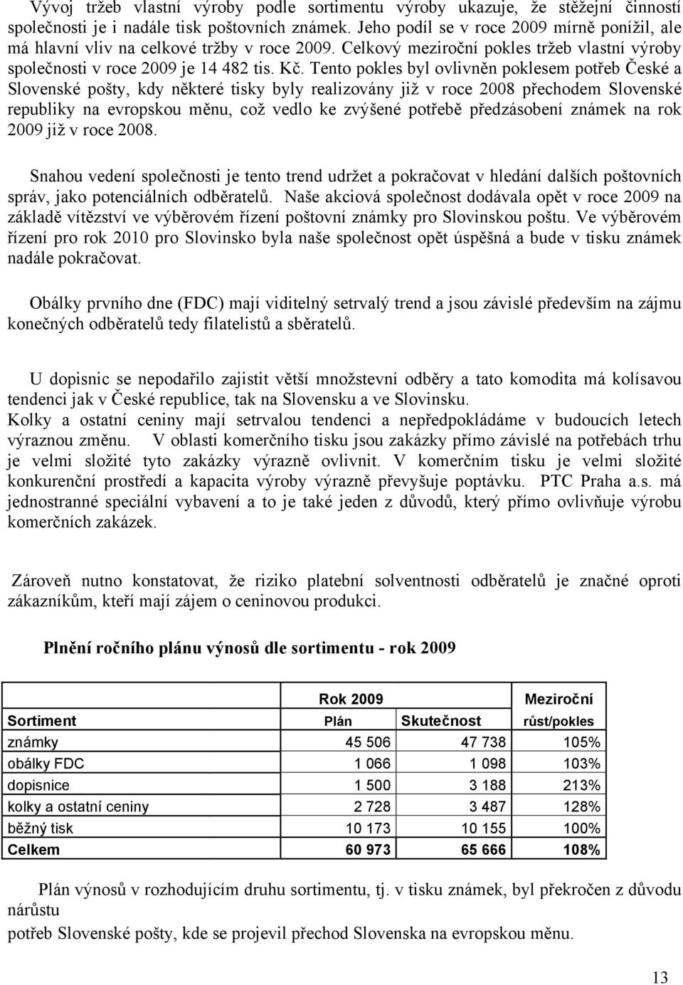 Tento pokles byl ovlivněn poklesem potřeb České a Slovenské pošty, kdy některé tisky byly realizovány již v roce 2008 přechodem Slovenské republiky na evropskou měnu, což vedlo ke zvýšené potřebě