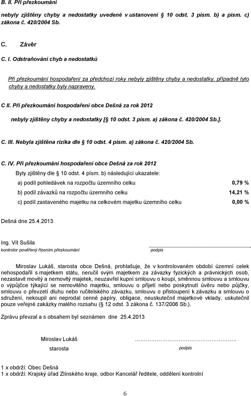 a) zákona č. 420/2004 Sb. C. IV. Při přezkoumání hospodaření obce Dešná za rok 2012 Byly zjištěny dle 10 odst. 4 písm.