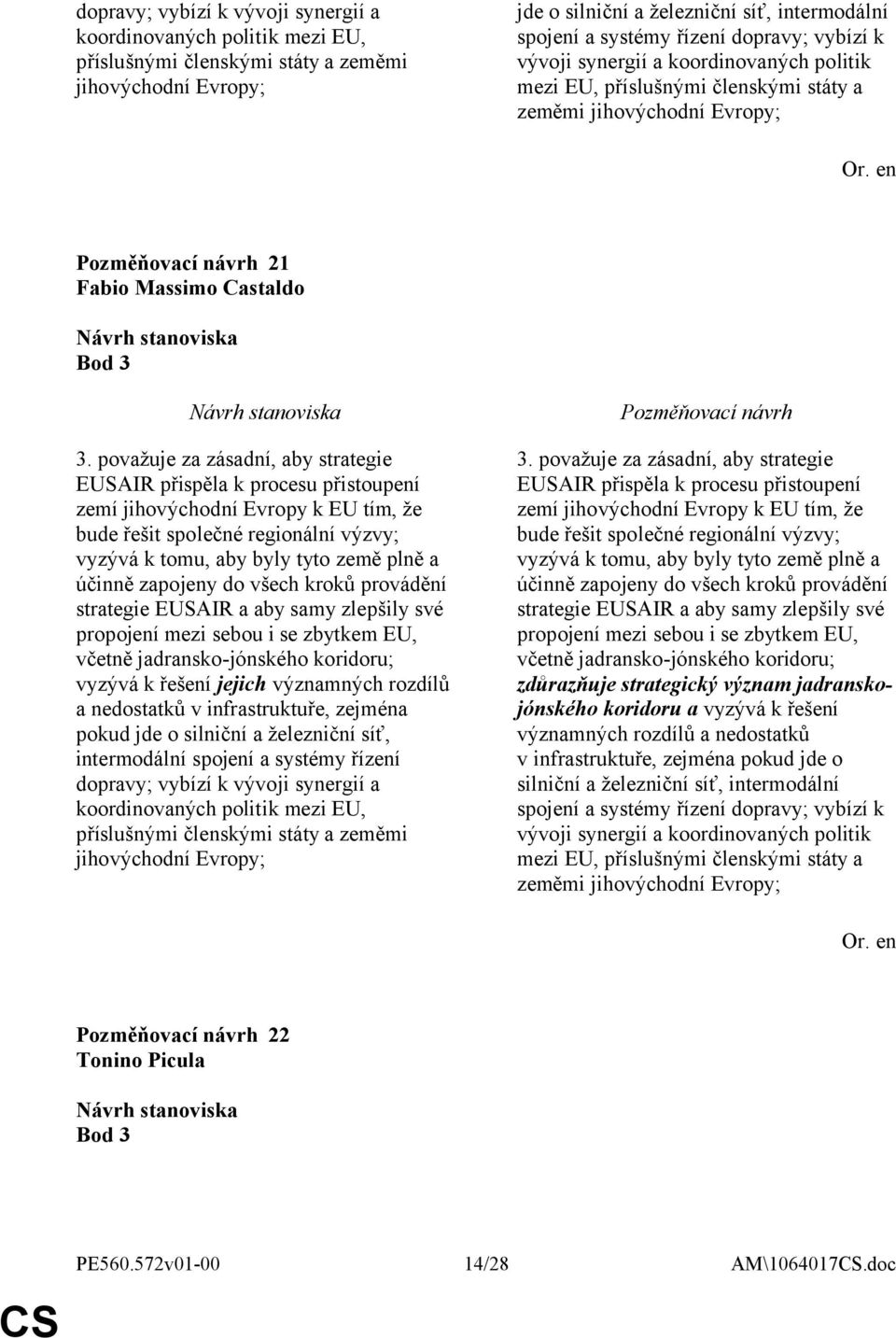 strategický význam jadranskojónského koridoru a vyzývá k řešení významných rozdílů a nedostatků v infrastruktuře, zejména pokud jde o silniční a železniční síť, intermodální