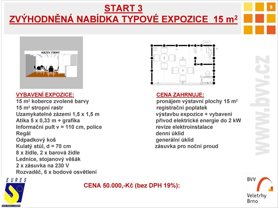 energie do 2 kw Informační pult v = 110 cm, police revize elektroinstalace Regál denní úklid Odpadkový koš generální úklid Kulatý stůl, d = 70 cm