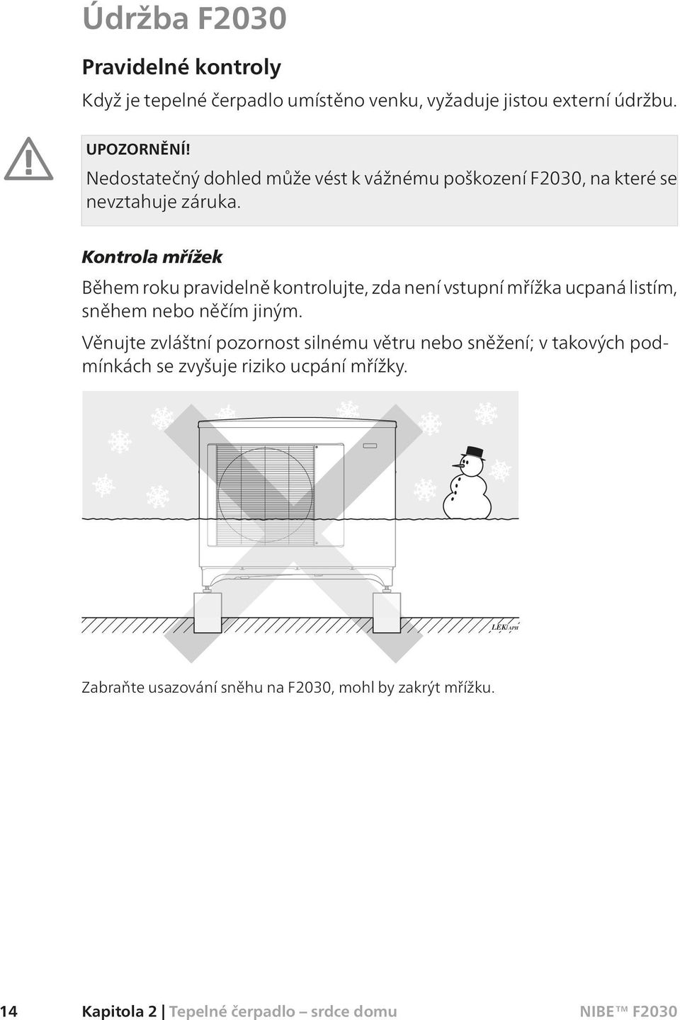 Kontrola mřížek Během roku pravidelně kontrolujte, zda není vstupní mřížka ucpaná listím, sněhem nebo něčím jiným.