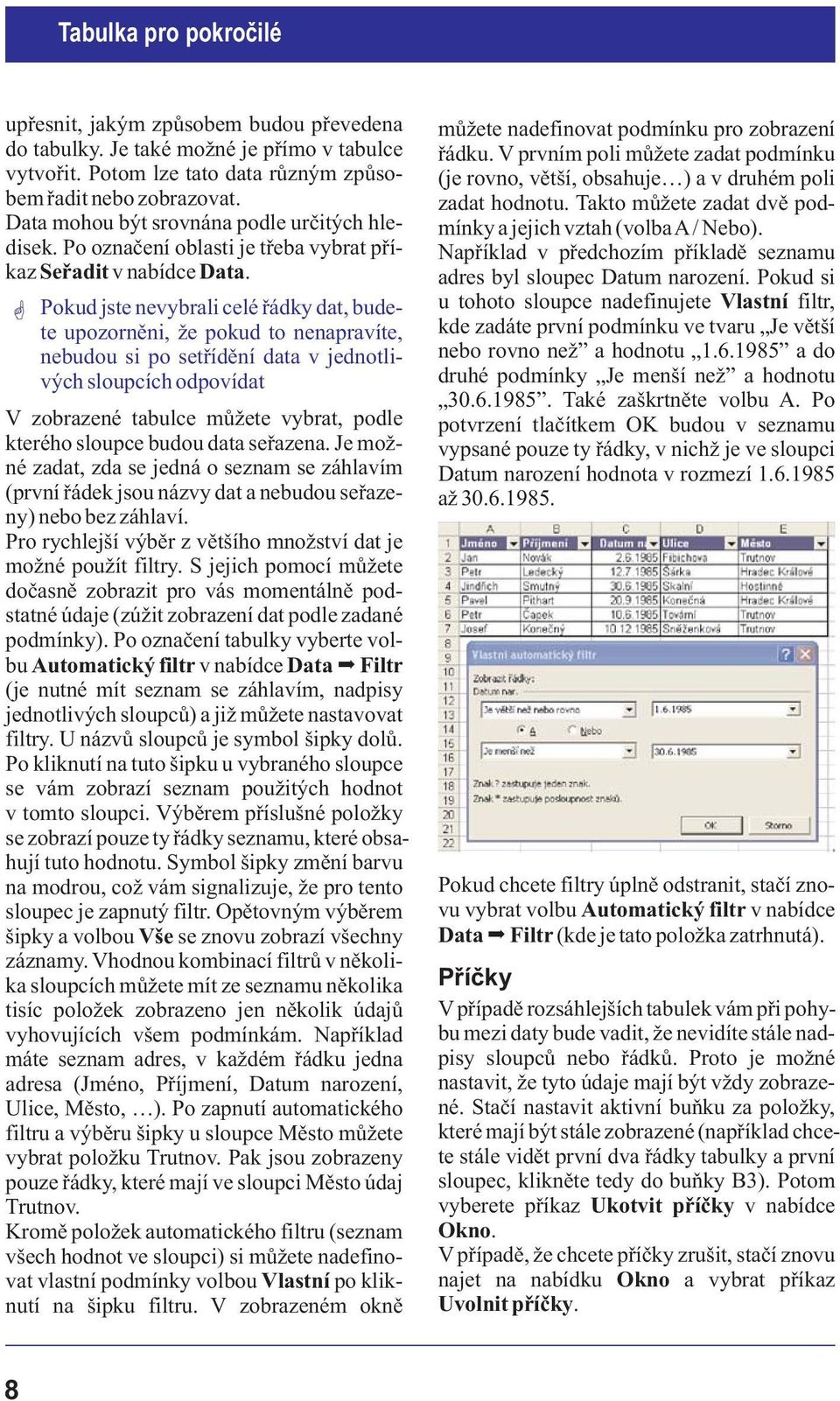 Pokud jste nevybrali celé øádky dat, budete upozornìni, e pokud to nenapravíte, nebudou si po setøídìní data v jednotlivých sloupcích odpovídat V zobrazené tabulce mù ete vybrat, podle kterého