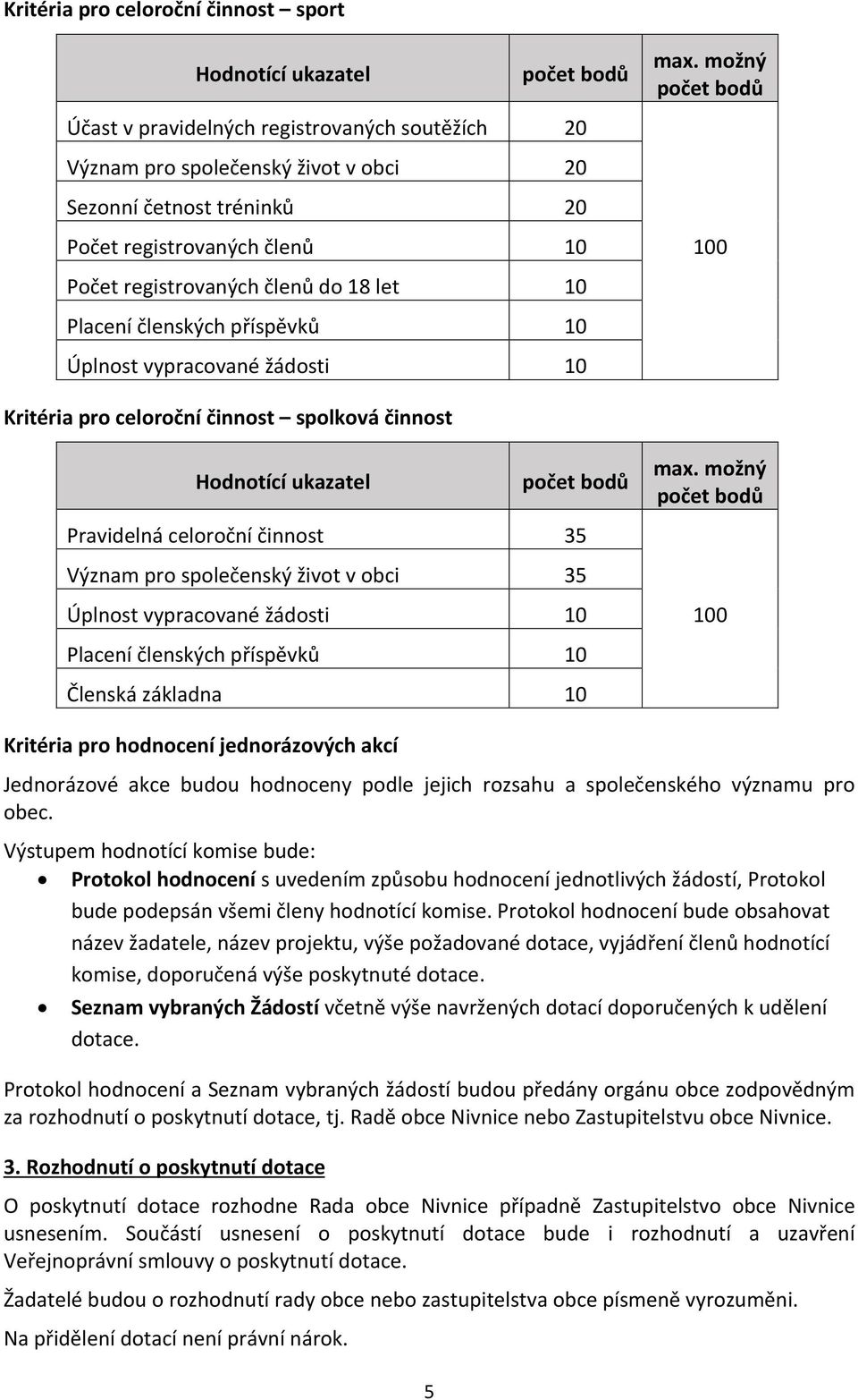 Placení členských příspěvků 10 Úplnost vypracované žádosti 10 Kritéria pro celoroční činnost spolková činnost Hodnotící ukazatel max.