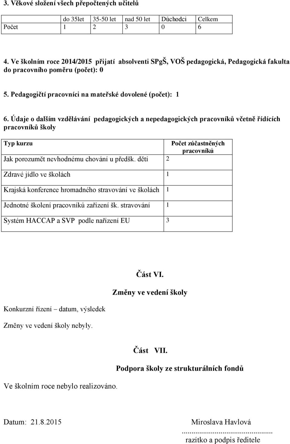 Údaje o dalším vzdělávání pedagogických a nepedagogických pracovníků včetně řídících pracovníků školy Typ kurzu Jak porozumět nevhodnému chování u předšk.