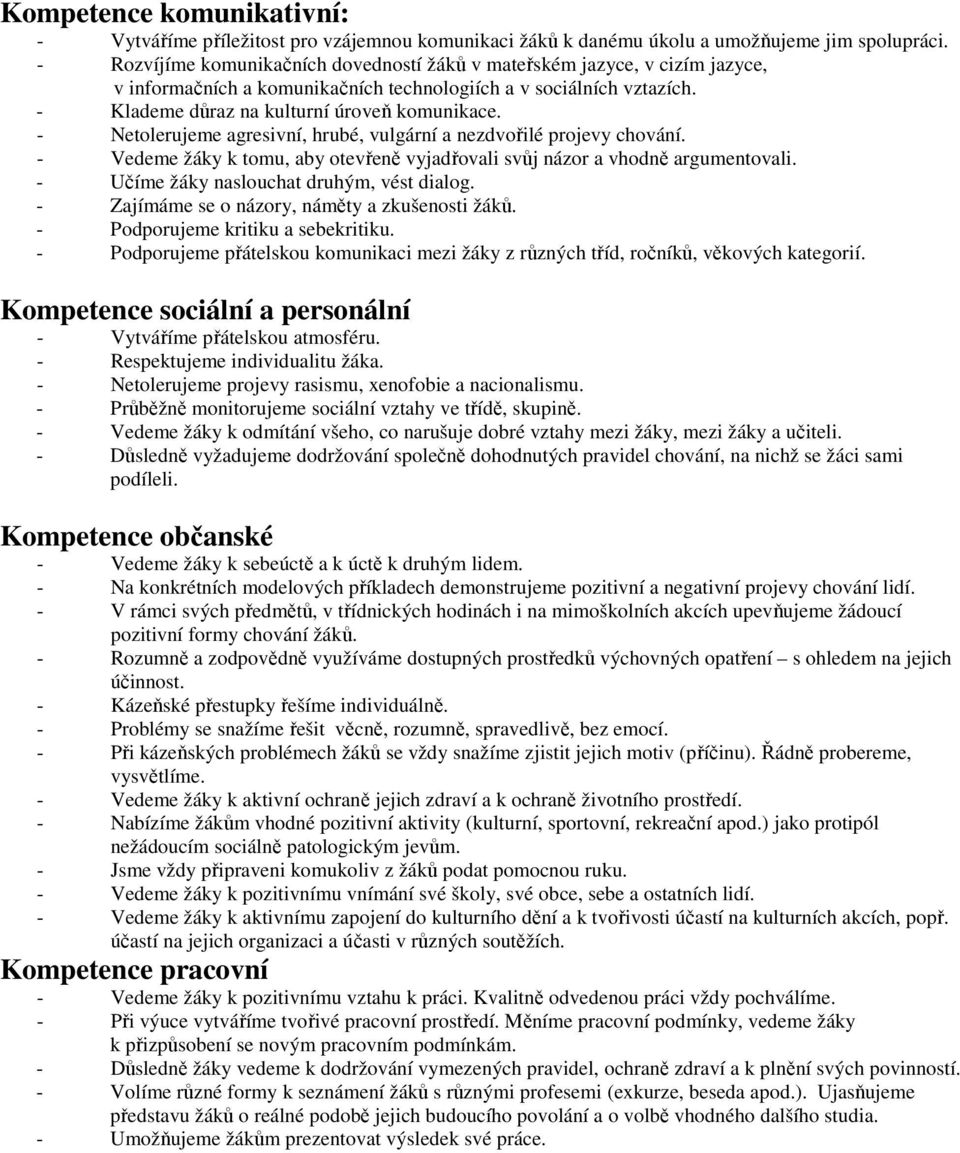 - Netolerujeme agresivní, hrubé, vulgární a nezdvořilé projevy chování. - Vedeme žáky k tomu, aby otevřeně vyjadřovali svůj názor a vhodně argumentovali. - Učíme žáky naslouchat druhým, vést dialog.