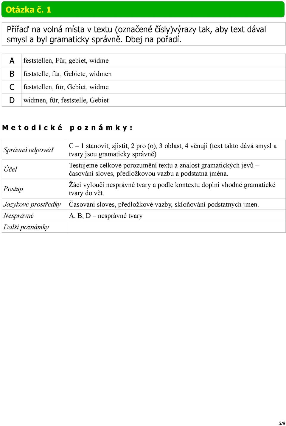 pro (o), 3 oblast, 4 věnuji (text takto dává smysl a tvary jsou gramaticky správně) Testujeme celkové porozumění textu a znalost gramatických jevů časování sloves,