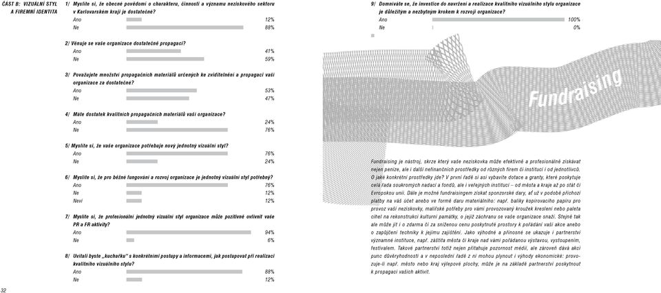 Ano 100% Ne 0% 2/ Vìnuje se vaše organizace dostateènì propagaci? Ano 41% Ne 59% 3/ Považujete množství propagaèních materiálù urèených ke zviditelnìní a propagaci vaší organizace za dostateèné?