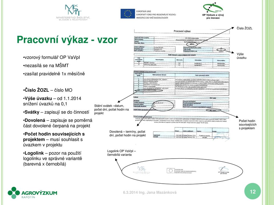 s projektem musí souhlasit s úvazkem v projektu Logolink pozor na použití logolinku ve správné variantě (barevná x černobílá) Státní svátek datum, počet