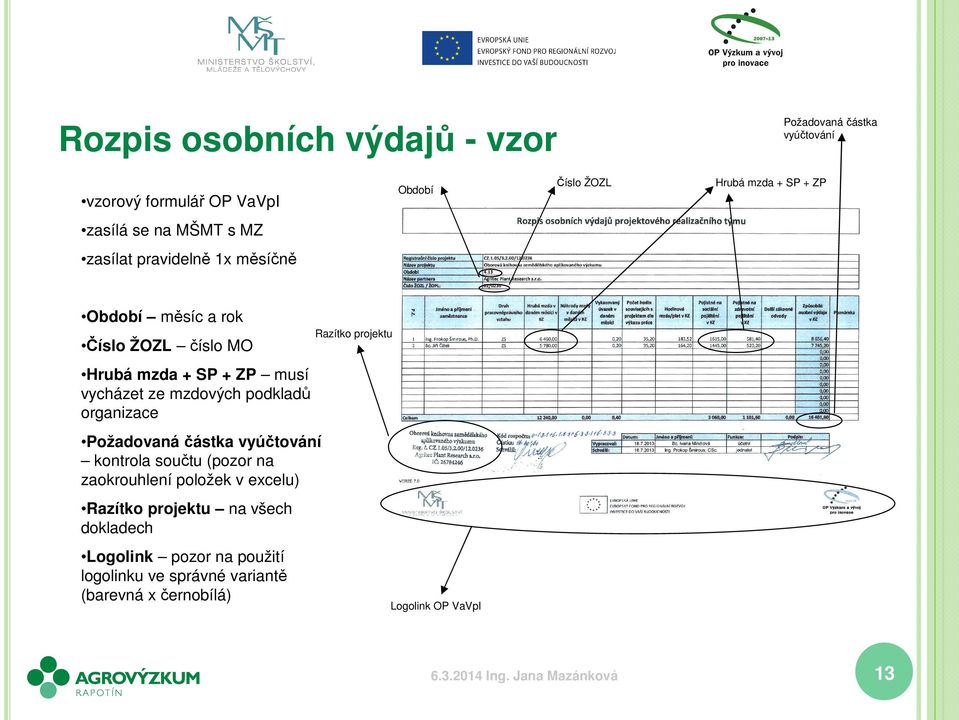 mzdových podkladů organizace Požadovaná částka vyúčtování kontrola součtu (pozor na zaokrouhlení položek v excelu) Razítko