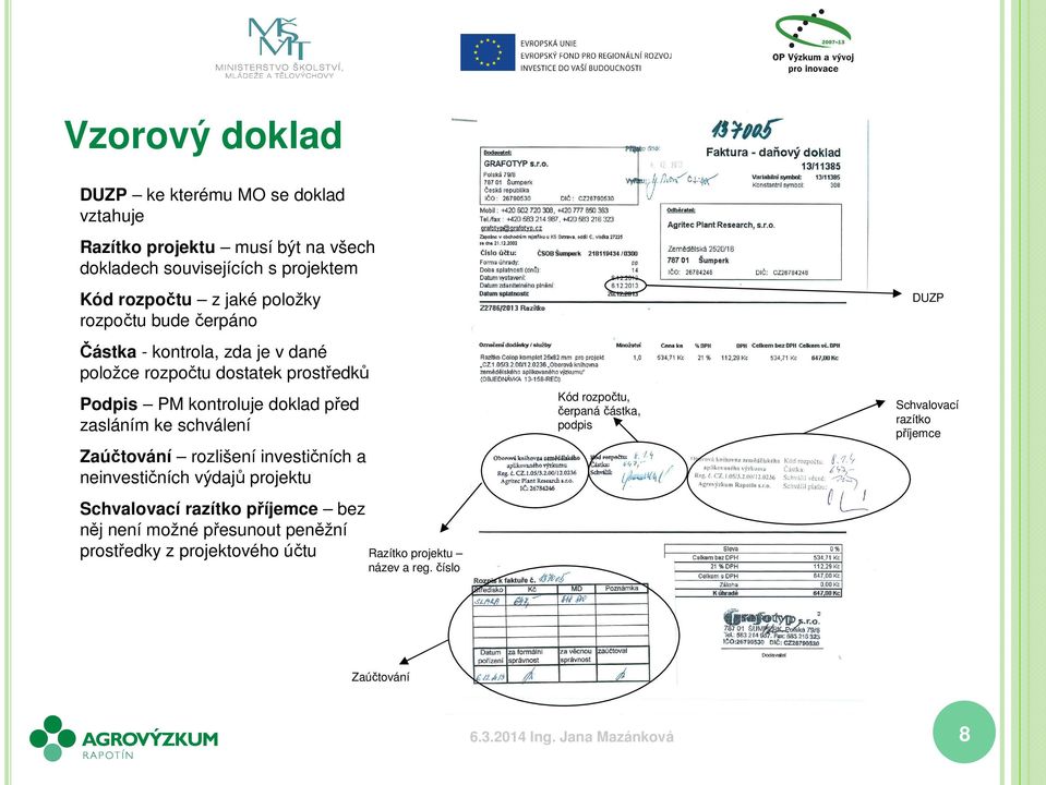 schválení Zaúčtování rozlišení investičních a neinvestičních výdajů projektu Schvalovací razítko příjemce bez něj není možné přesunout peněžní