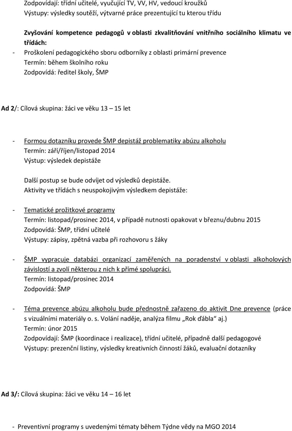 ve věku 13 15 let - Formou dotazníku provede ŠMP depistáž problematiky abúzu alkoholu Termín: září/říjen/listopad 2014 Výstup: výsledek depistáže Další postup se bude odvíjet od výsledků depistáže.