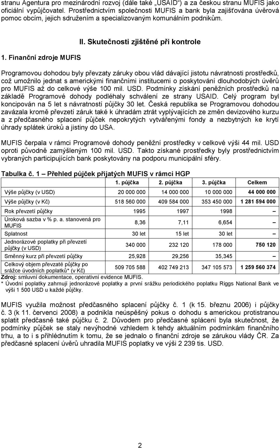 Skutečnosti zjištěné při kontrole Programovou dohodou byly převzaty záruky obou vlád dávající jistotu návratnosti prostředků, což umožnilo jednat s americkými finančními institucemi o poskytování