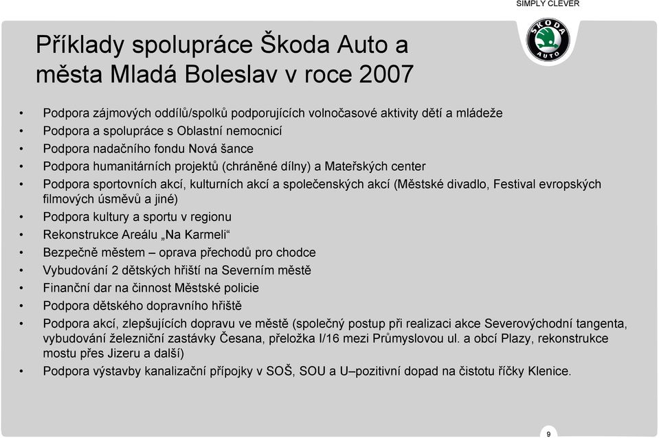 filmových úsměvů a jiné) Podpora kultury a sportu v regionu Rekonstrukce Areálu Na Karmeli Bezpečně městem oprava přechodů pro chodce Vybudování 2 dětských hřiští na Severním městě Finanční dar na