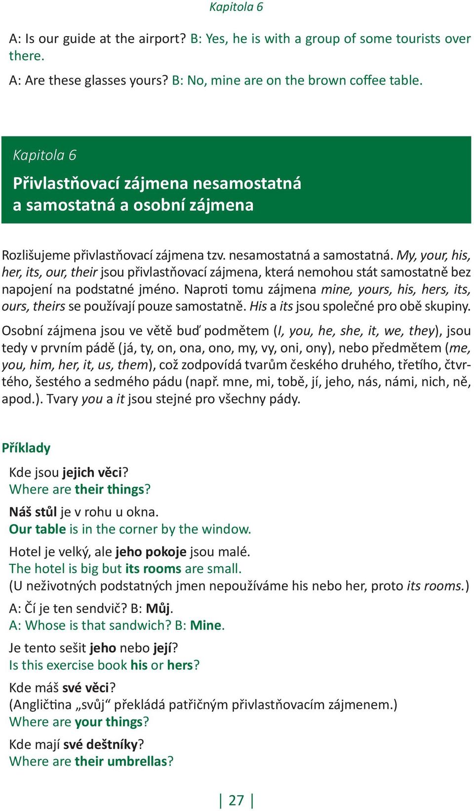 Napro tomu zájmena mine, yours, his, hers, its, ours, theirs se používají pouze samostatně. His a its jsou společné pro obě skupiny.