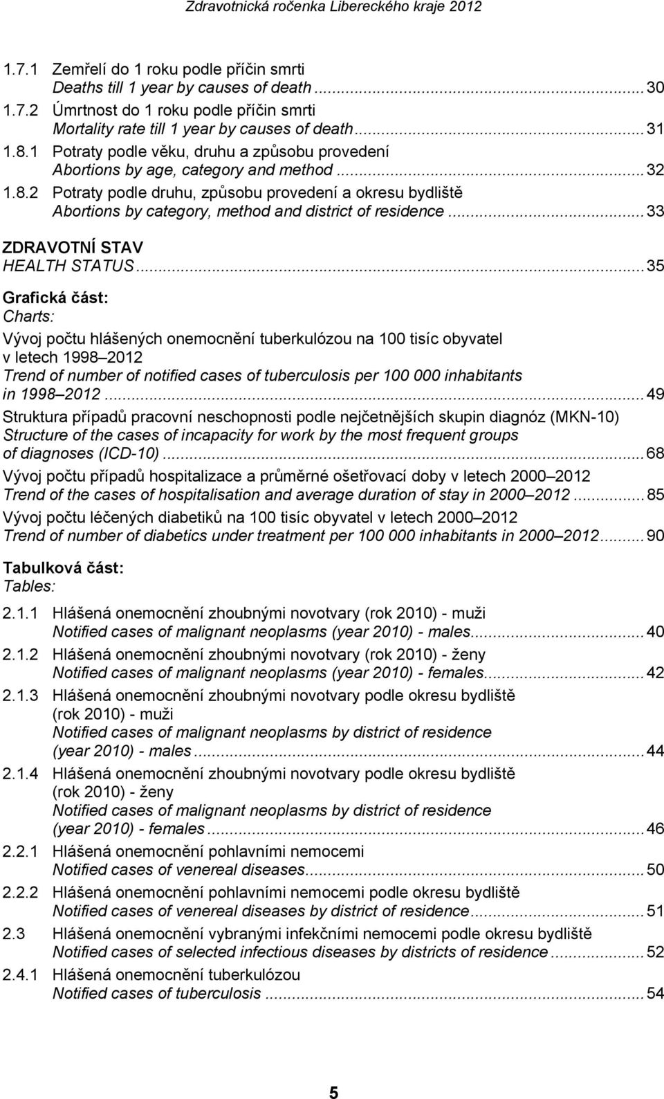 2 Potraty podle druhu, způsobu provedení a okresu bydliště Abortions by category, method and district of residence...33 ZDRAVOTNÍ STAV HEALTH STATUS.