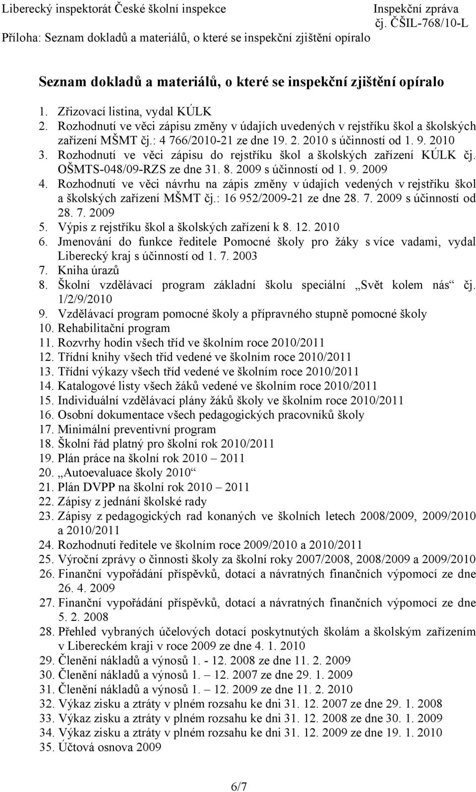 Rozhodnutí ve věci zápisu do rejstříku škol aškolských zařízení KÚLK čj. OŠMTS-048/09-RZS ze dne 31. 8. 2009 s účinností od 1. 9. 2009 4.