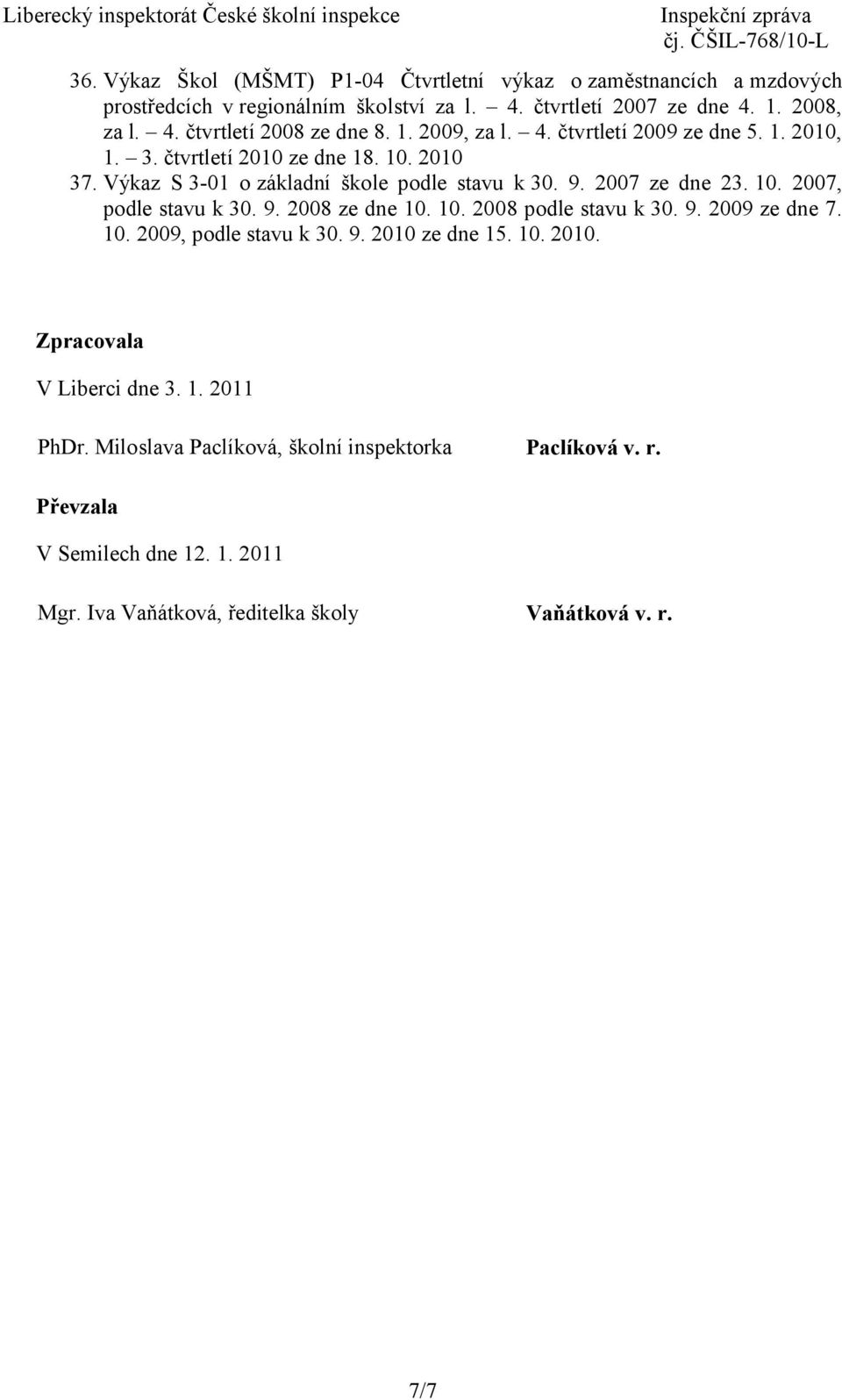 9. 2008 ze dne 10. 10. 2008 podle stavu k 30. 9. 2009 ze dne 7. 10. 2009, podle stavu k 30. 9. 2010 ze dne 15. 10. 2010. Zpracovala V Liberci dne 3. 1. 2011 PhDr.