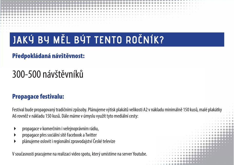 Plánujeme výtisk plakátů velikosti A2 v nákladu minimálně 150 kusů, malé plakátky A6 rovněž v nákladu 150 kusů.