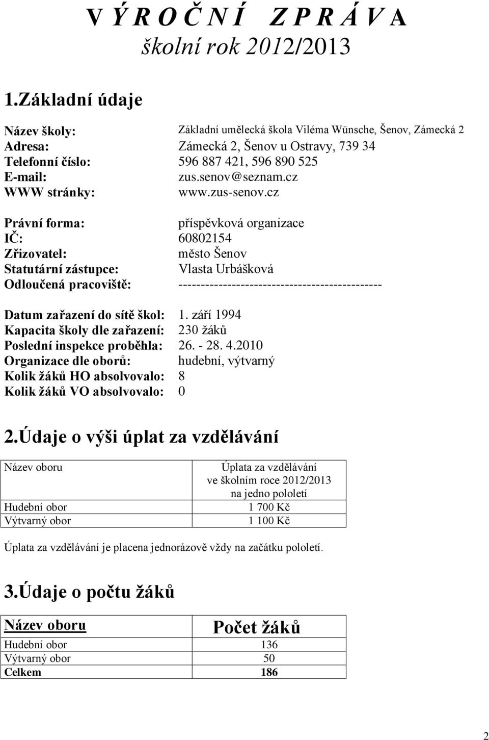 cz Právní forma: příspěvková organizace IČ: 60802154 Zřizovatel: město Šenov Statutární zástupce: Vlasta Urbášková Odloučená pracoviště: ---------------------------------------------- Datum zařazení
