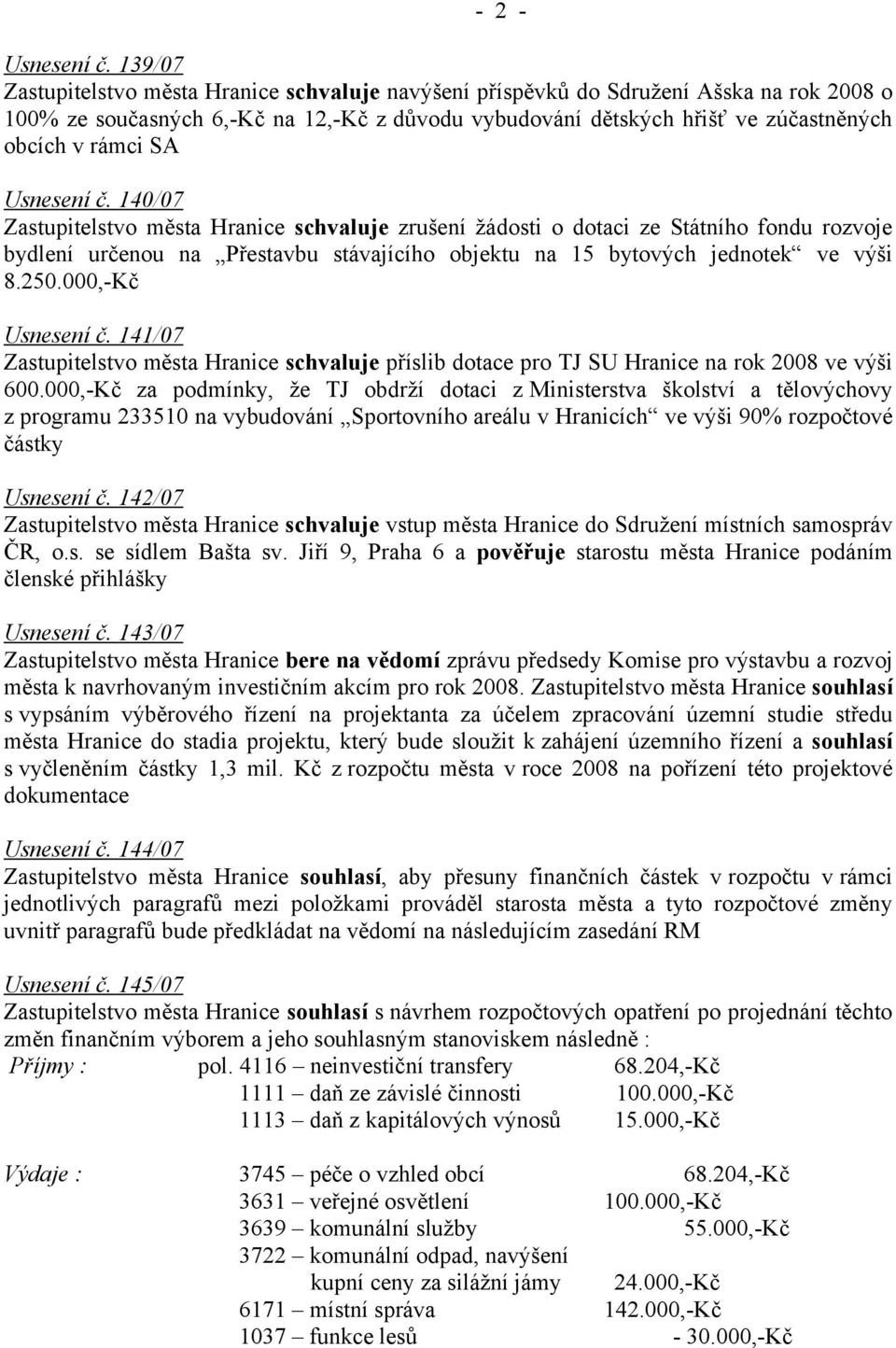 SA Usnesení č. 140/07 Zastupitelstvo města Hranice schvaluje zrušení žádosti o dotaci ze Státního fondu rozvoje bydlení určenou na Přestavbu stávajícího objektu na 15 bytových jednotek ve výši 8.250.