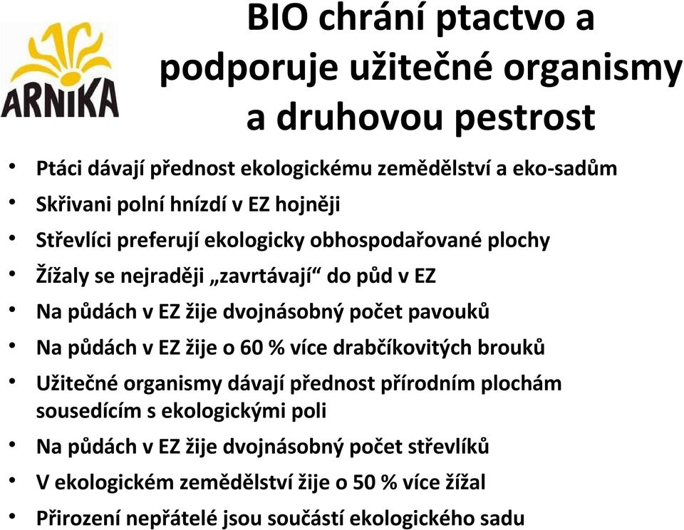 počet pavouků Na půdách v EZ žije o 60 % více drabčíkovitých brouků Užitečné organismy dávají přednost přírodním plochám sousedícím s ekologickými