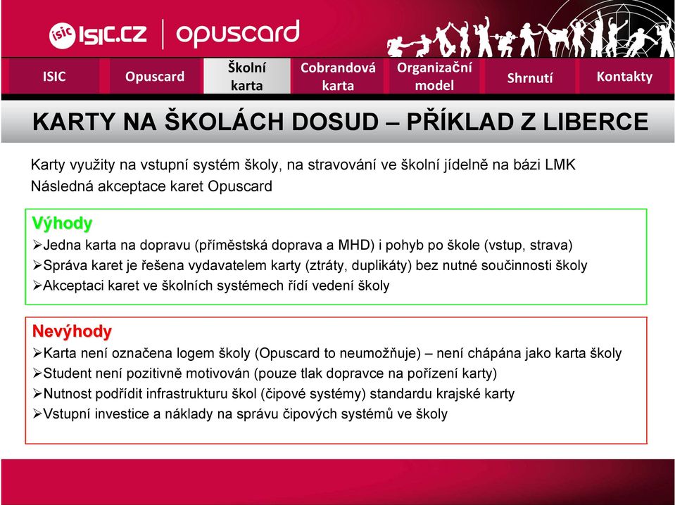 karet ve školních systémech řídí vedení školy Nevýhody Karta není označena logem školy ( to neumožňuje) není chápána jako školy Student není pozitivně motivován (pouze