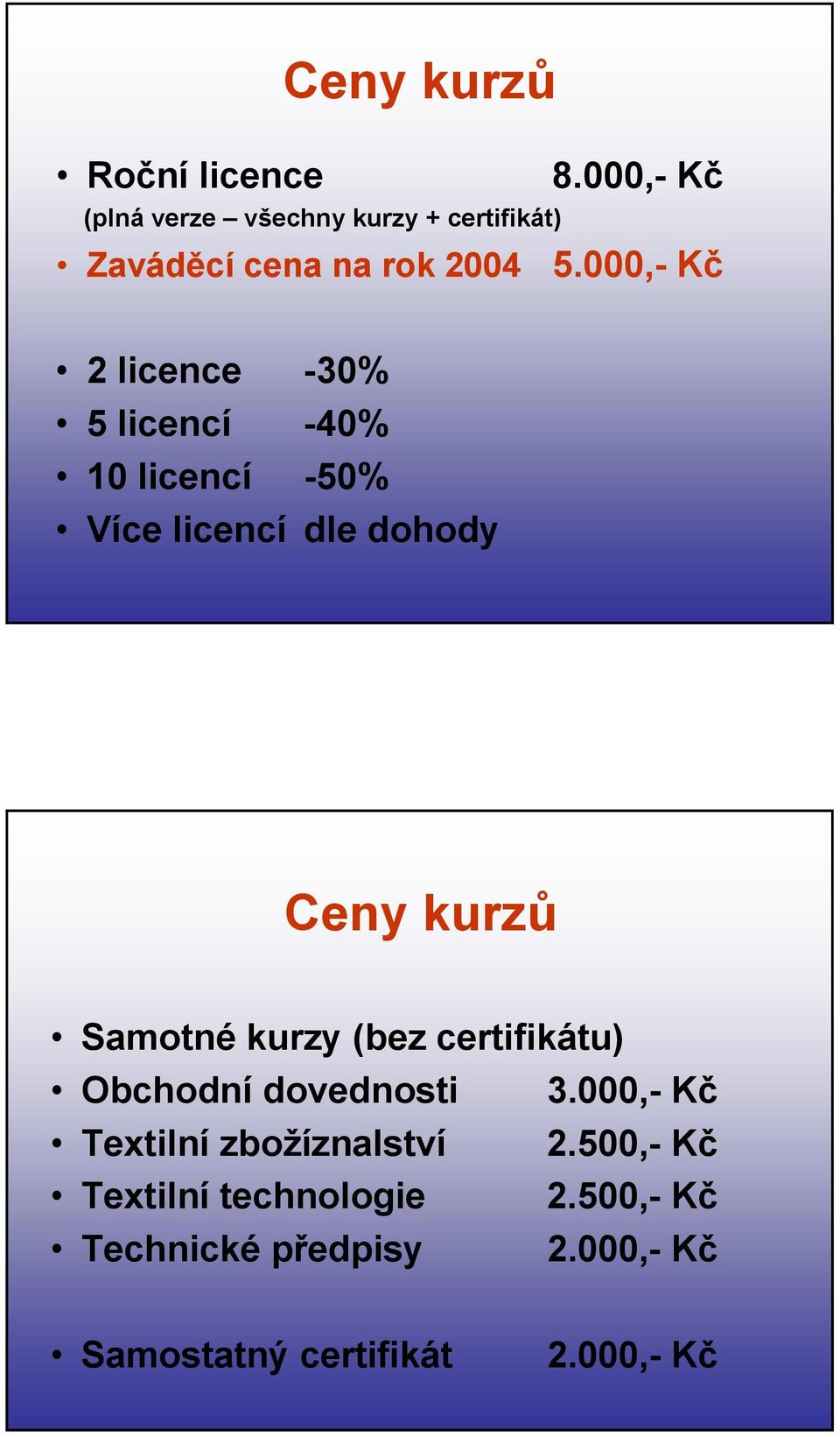000,- Kč 2 licence -30% 5 licencí -40% 10 licencí -50% Více licencí dle dohody Ceny kurzů