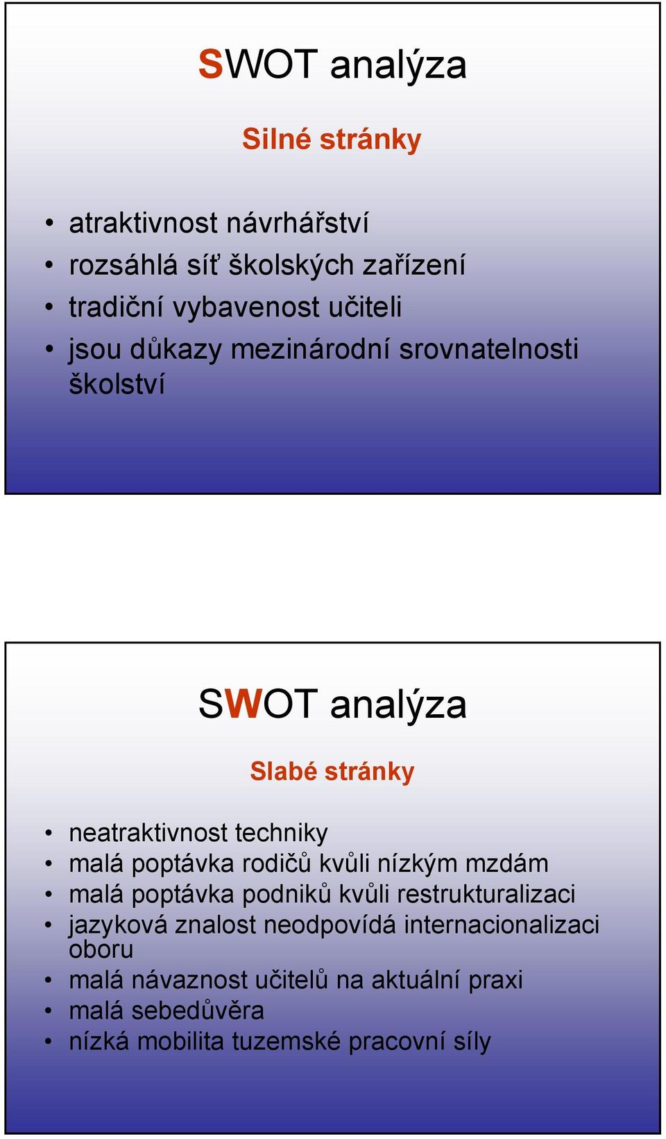 malá poptávka rodičů kvůli nízkým mzdám malá poptávka podniků kvůli restrukturalizaci jazyková znalost