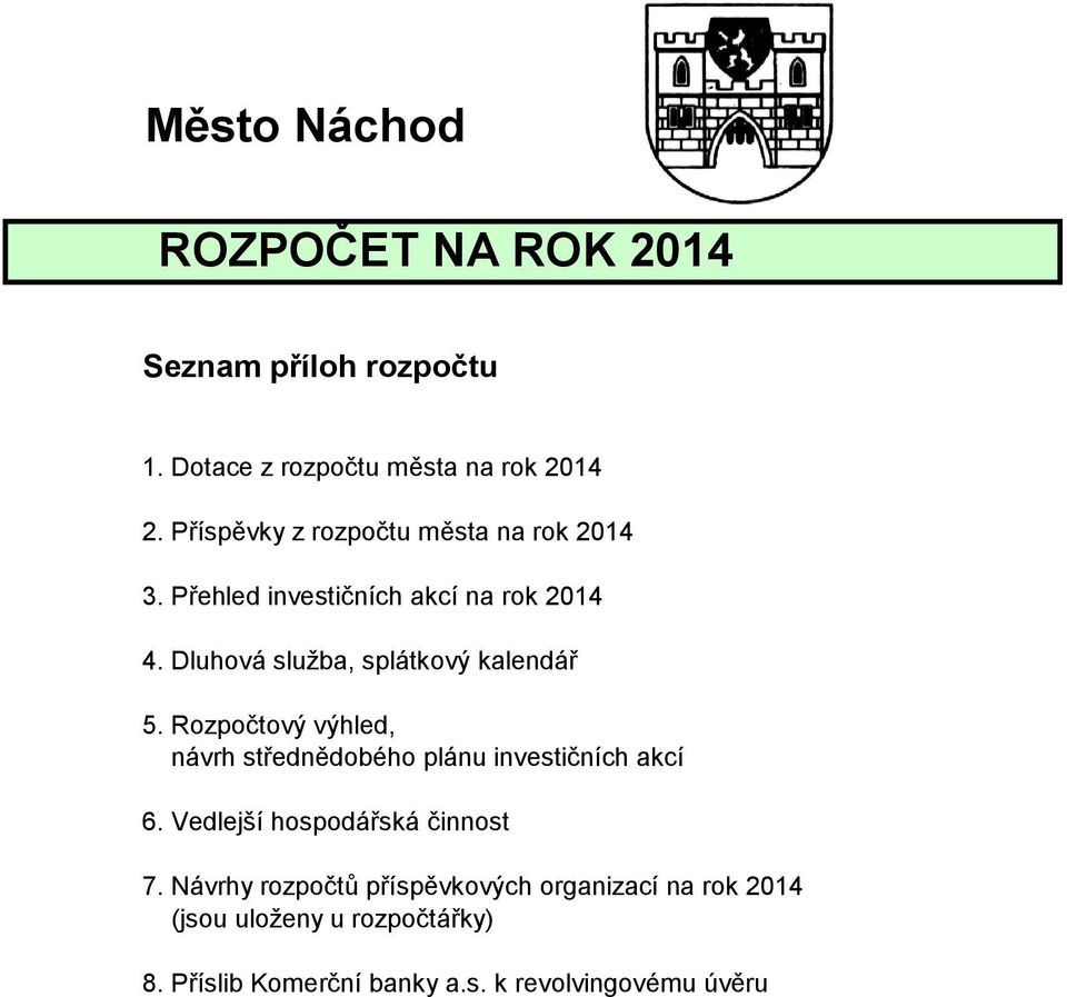 Dluhová služba, splátkový kalendář 5. Rozpočtový výhled, návrh střednědobého plánu investičních akcí 6.